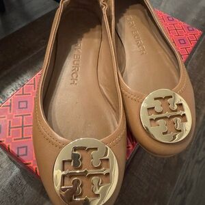 Tory Burch Brown Leather Flats with Gold Emblem